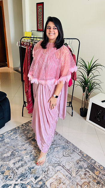 Pastel Pink Indo Western Gown-Half Saree With Embroidered Cape