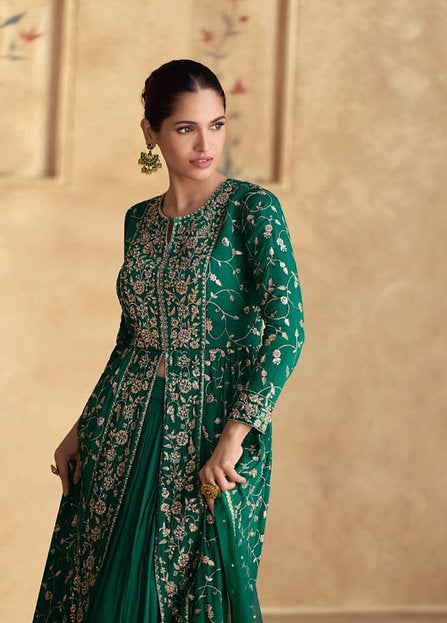 Emerald Green Festive Anarkali Gown with Heavy Golden Embroidery
