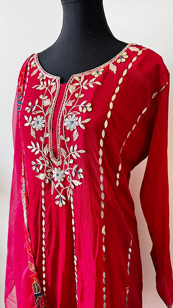 Festive Red Gotta Suit With Printed Tulip Pants And Dupatta