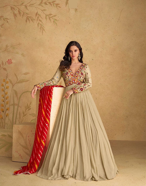 Beige Embroidered Festive Gown with Red Bandhej Dupatta