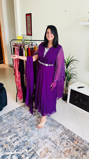 Purple Gown with dramtic sleeves and dupatta