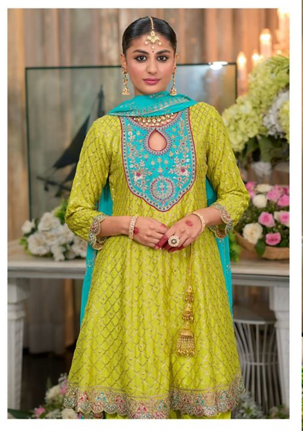 Green Yellow Multi Heavy Embroidery Designer Wedding Wear Dhoti Style Suit