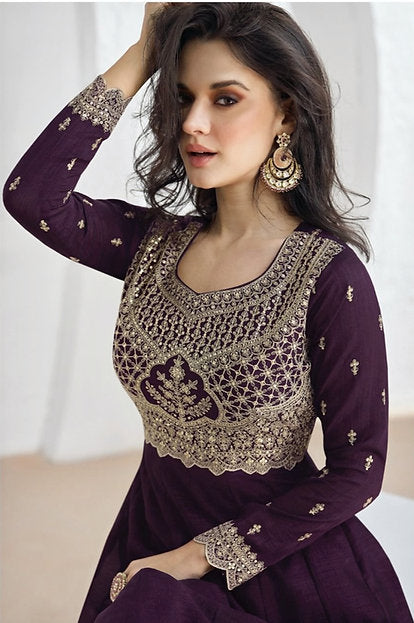 Satwa Sparkler Wine Silk Embroidered Sequins Anarkali Gown Party Wear