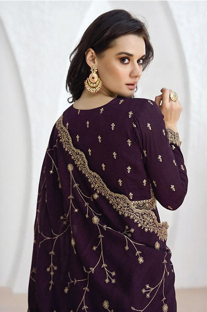 Satwa Sparkler Wine Silk Embroidered Sequins Anarkali Gown Party Wear