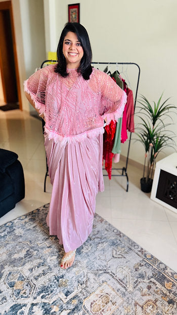 Pastel Pink Indo Western Gown-Half Saree With Embroidered Cape