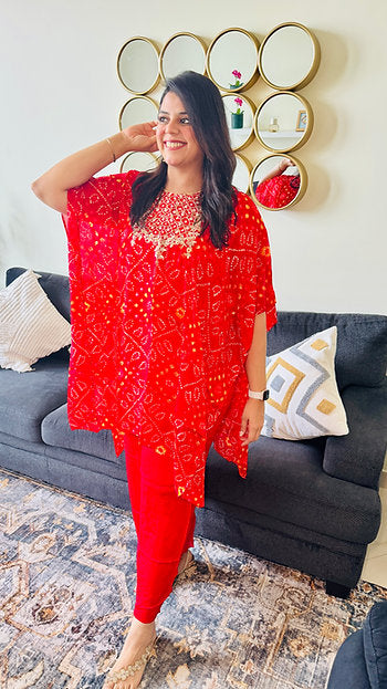 Red Bandhani Printed Kaftan Set