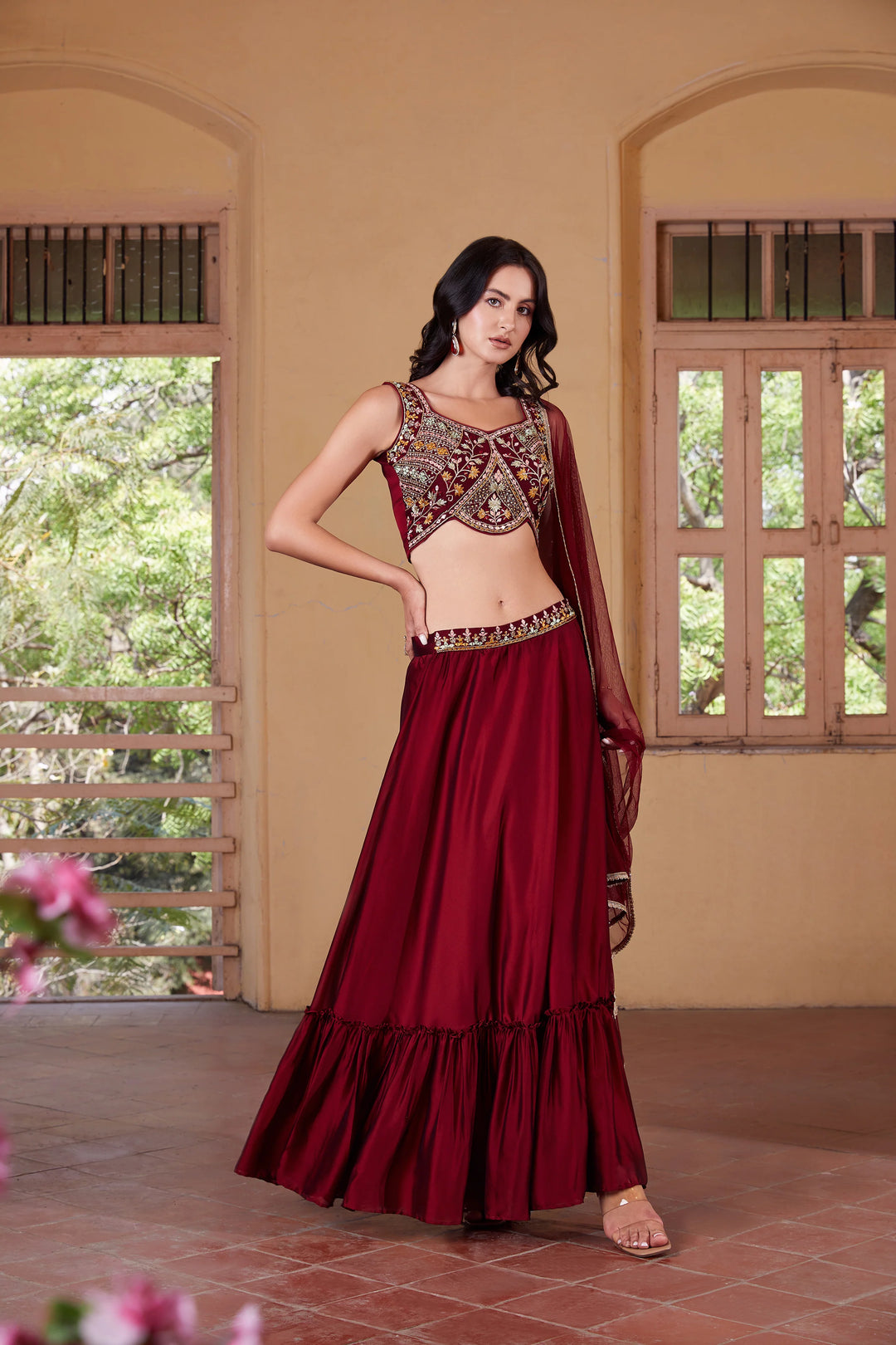 Marsa Majesty Readymade Festive Hand Embroidered Maroon Lehenga Choli