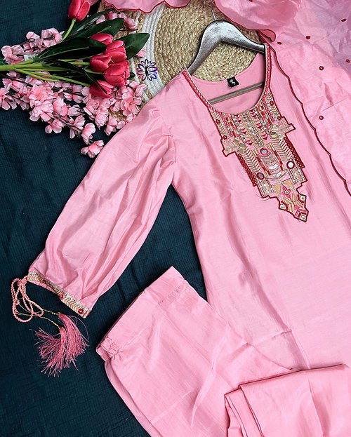Diera Dhamaka Cotton Silk Baby Pink Embroidered Indian Suit