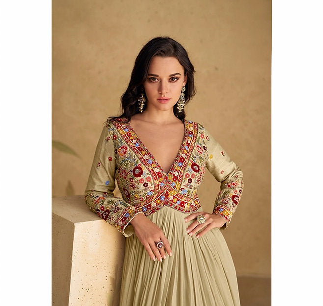 Beige Embroidered Festive Gown with Red Bandhej Dupatta