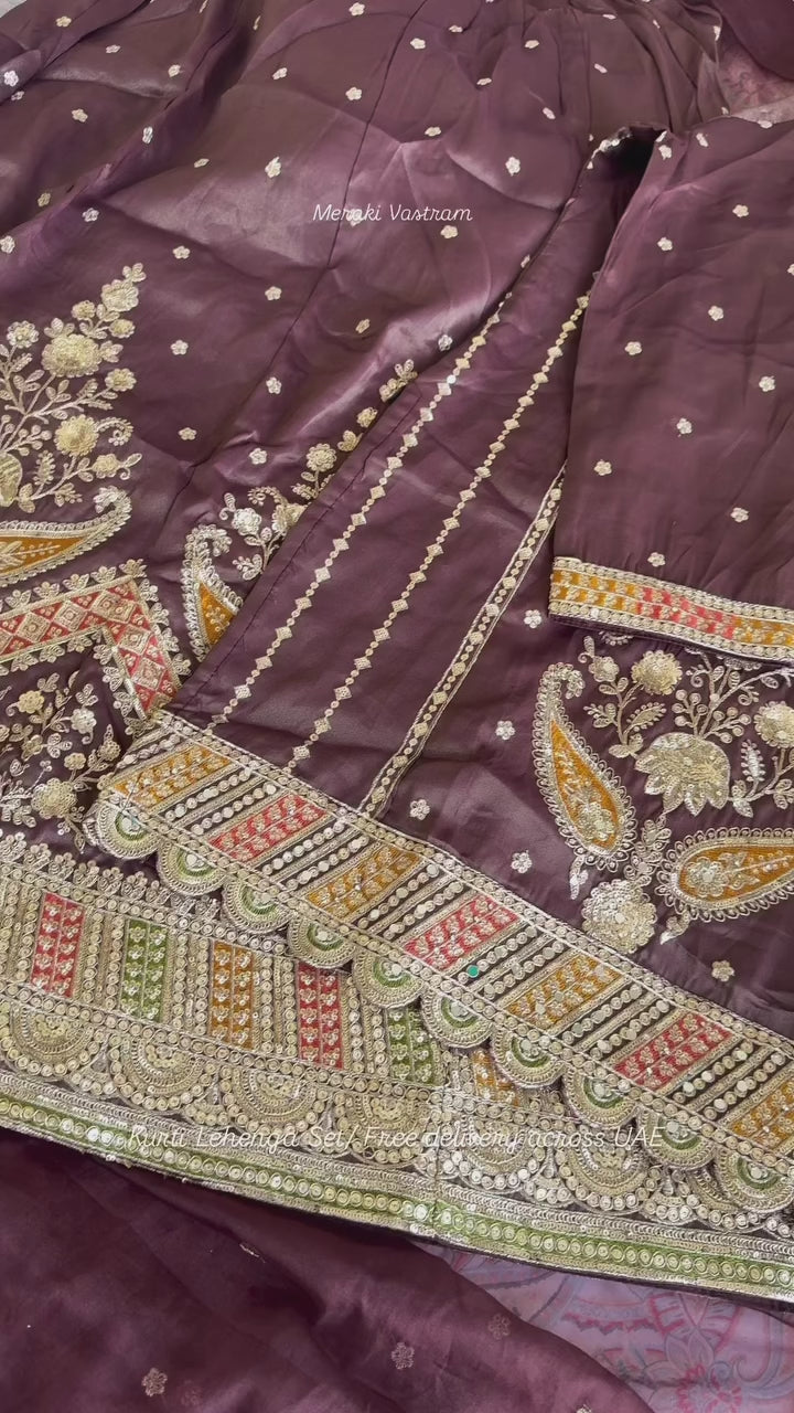 Silk Mocha Brown multi colour Embroidered Party Wear Skirt Lehenga Set