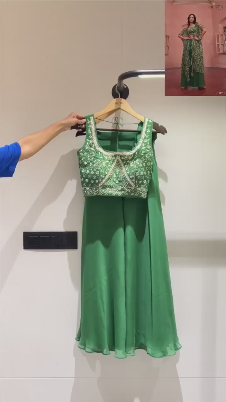 Zabeel Gardenia Multi Embroidered Crop Top and Palazzo Set With Cape