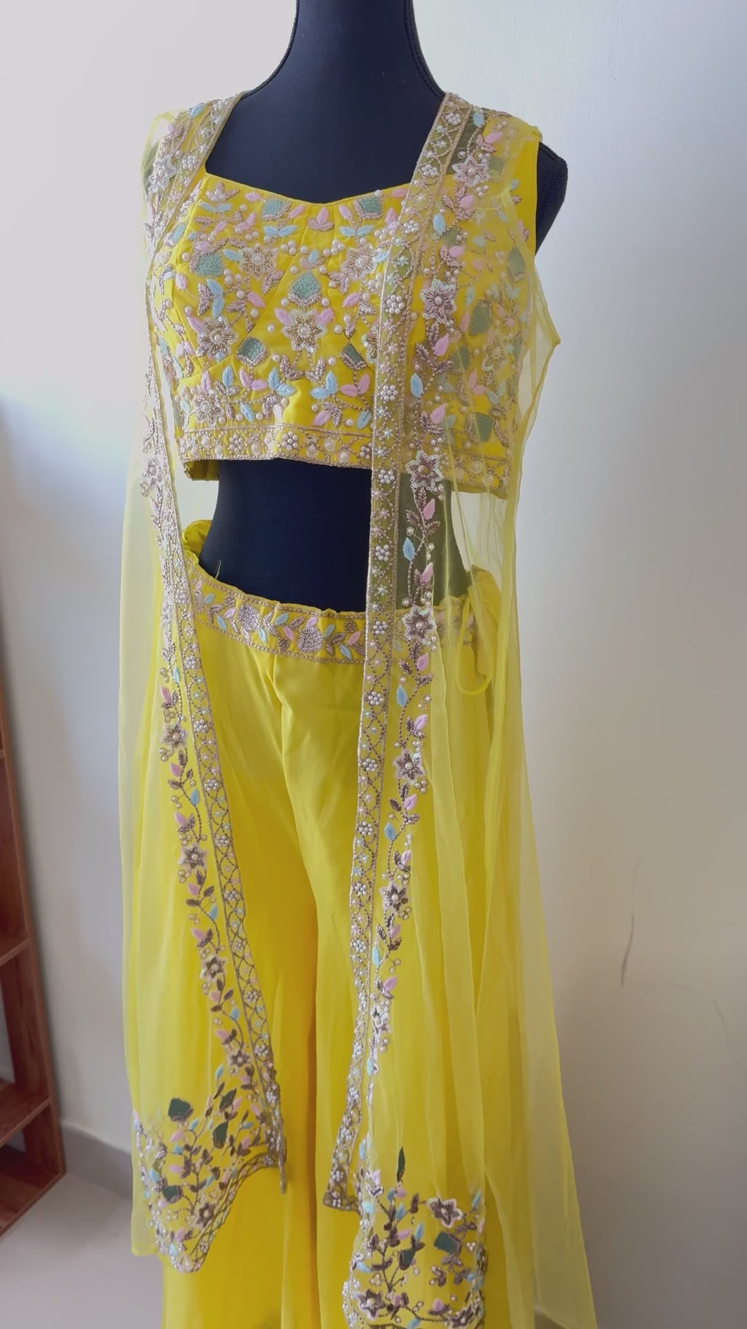 Golden Karak Yellow Crop Top Embroidered Shrug with Palazzo Wedding Wear