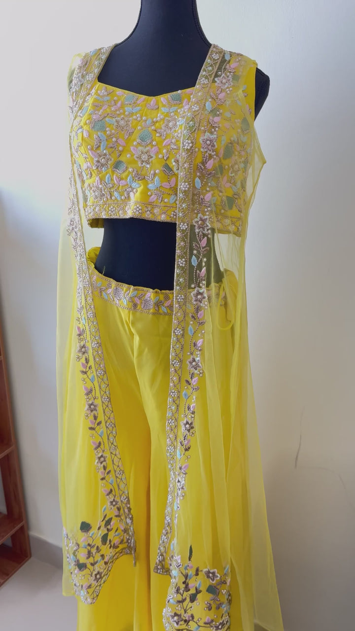 Golden Karak Yellow Crop Top Embroidered Shrug with Palazzo Wedding Wear