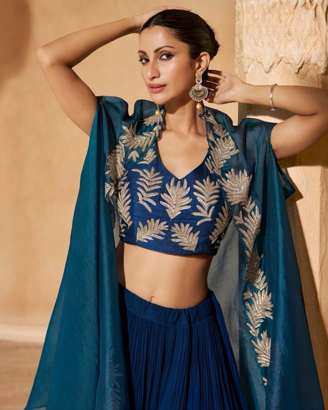 Blue Embroidered Cape Lehenga Set