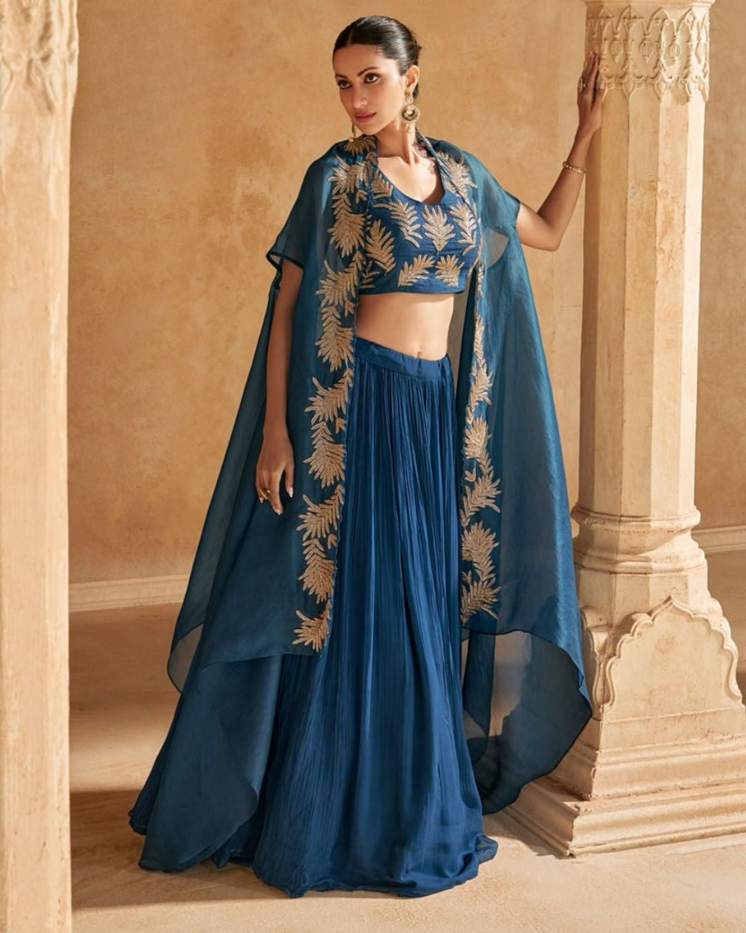Blue Embroidered Cape Lehenga Set