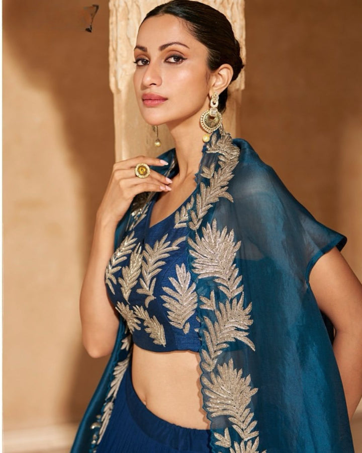 Blue Embroidered Cape Lehenga Set