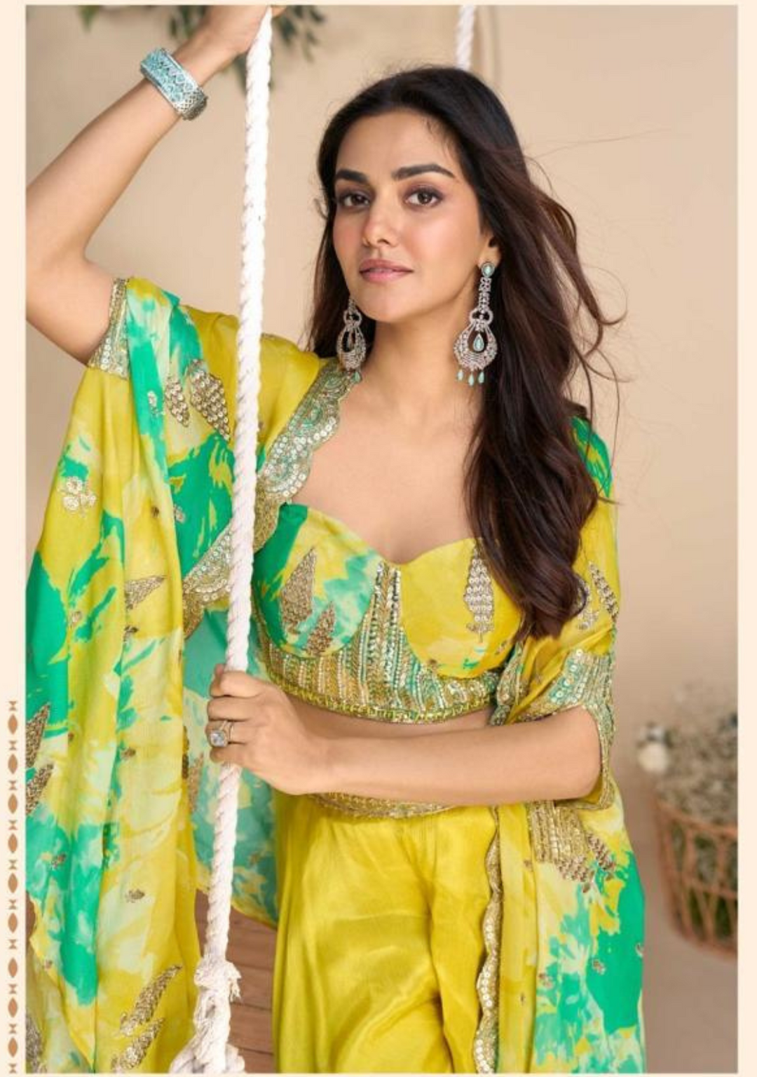 yellow Indo-Western sharara set with sequin corset blouse and printed cape – festive outfit for women in UAE