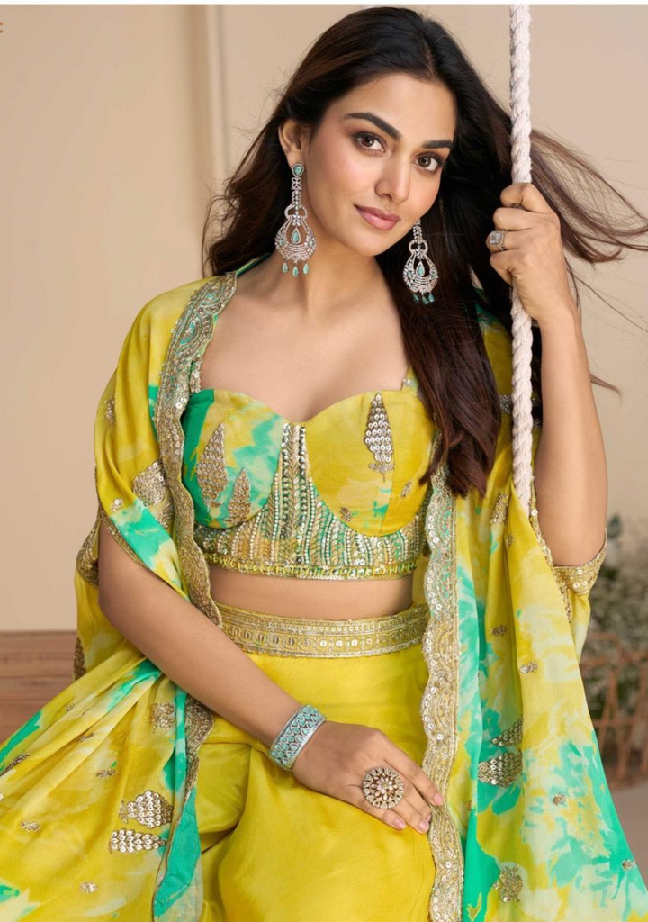 Bright yellow festive Indian ethnic wear for women – sharara set with cape, perfect for weddings and celebrations in UAE